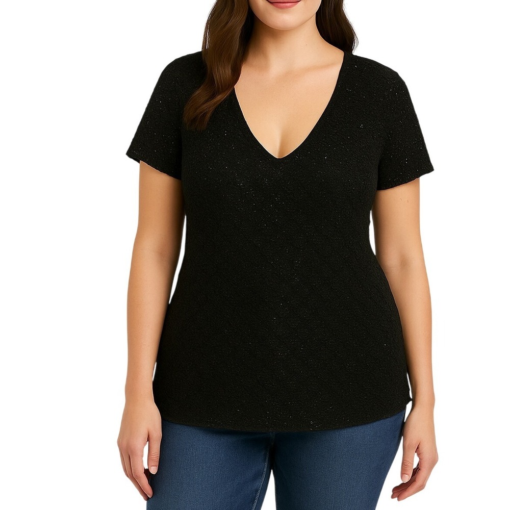 Ann Taylor‎ Black Sequin Beaded Silk Top V Neck Short Sleeve Party Blouse M